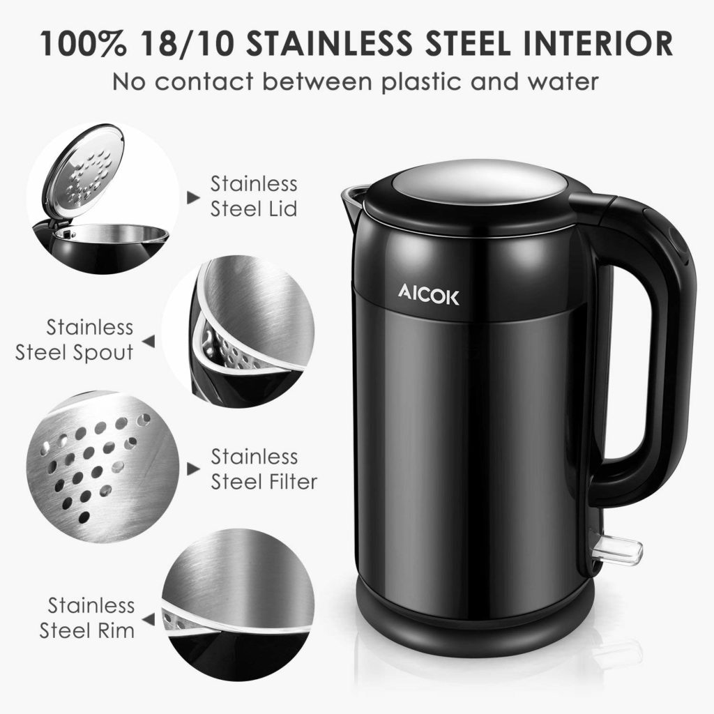 Aicok Bollitore Elettrico, Bollitore Acqua Elettrico, Doppia Parete, Bollitore Elettrico Acciaio Inox, Tocco Fresco Bollitore Elettrica, Senza Fili, 1,7 Litri 2200W, Nero (02 Nero)