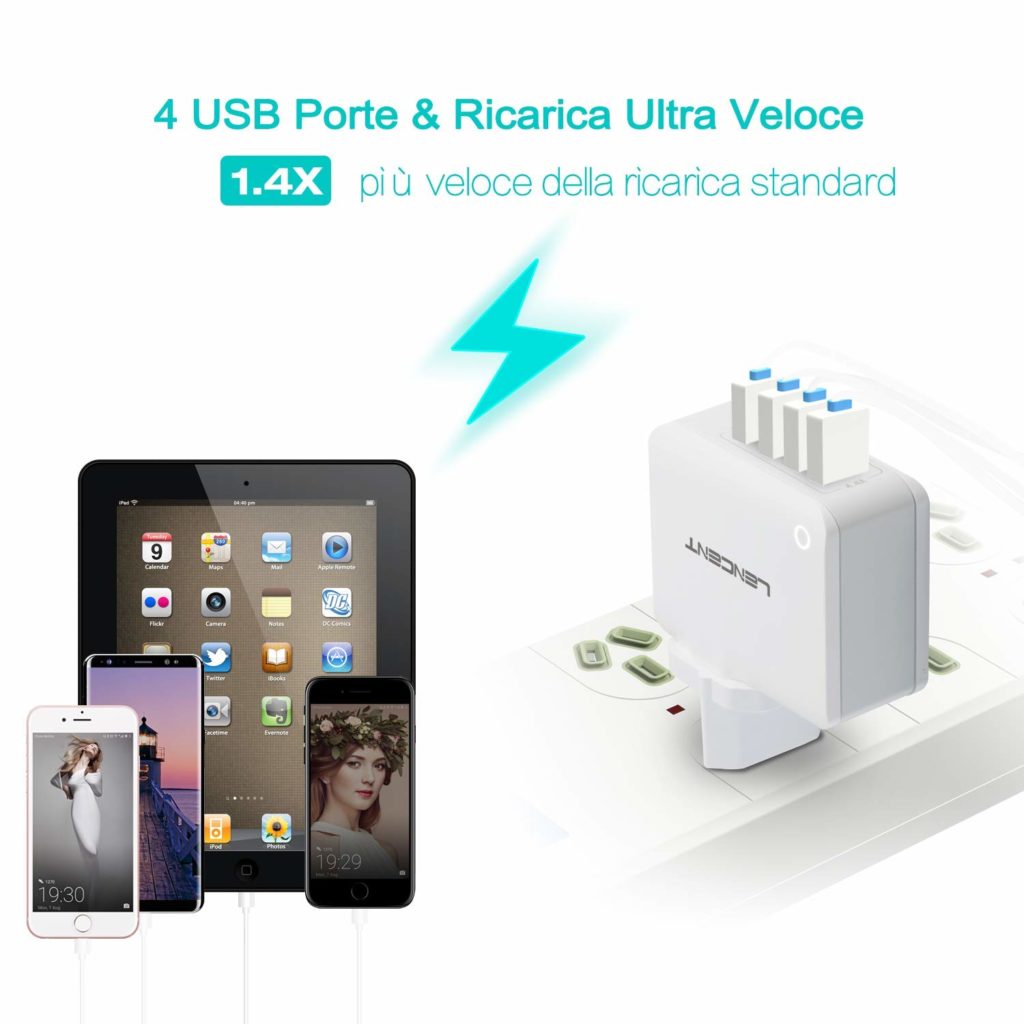 Caricatore USB, Lencent [AUTO-ID Tecnologia] Caricabatterie da Muro Portatile Adattatore da Viaggio Alimentatore USB con 4-Porta USB e Adattatori EU/UK/USA/AU per iPhone, Samsung, iPad, Tablet etc [Classe di efficienza energetica A+++]