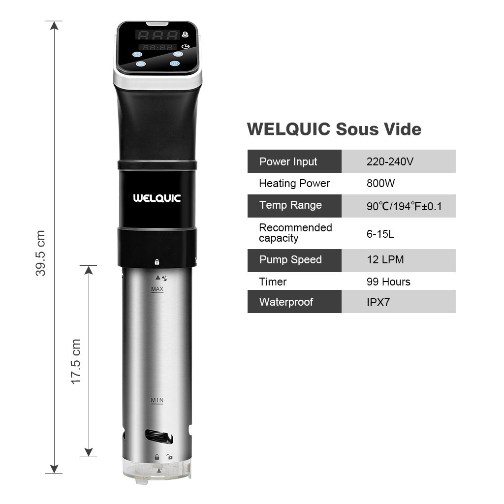 WELQUIC Sous Vide Cooker Circolatore ad Immersione Termica per Tutti i Tipi di Alimenti con Display Digitale Pannello di Controllo Ultra Silenzioso 800W 220-240V (nero) CE \ GS Listato