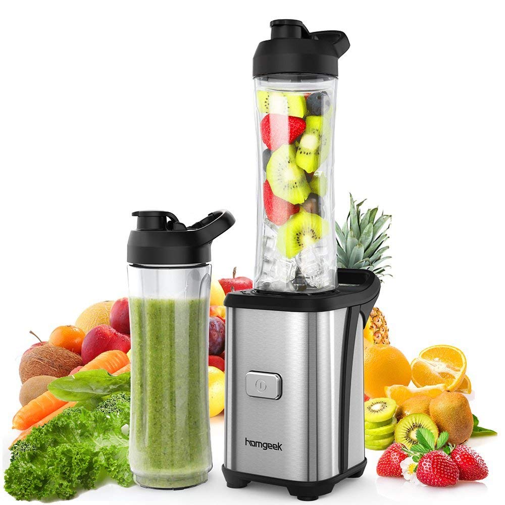 Homgeek Mini Frullatore per Frullati e Smoothie, con 2 Bottiglie 0,6L, Frullatore Portatile 4 Lame in Acciaio Inox, Blender Personale, BPA-free