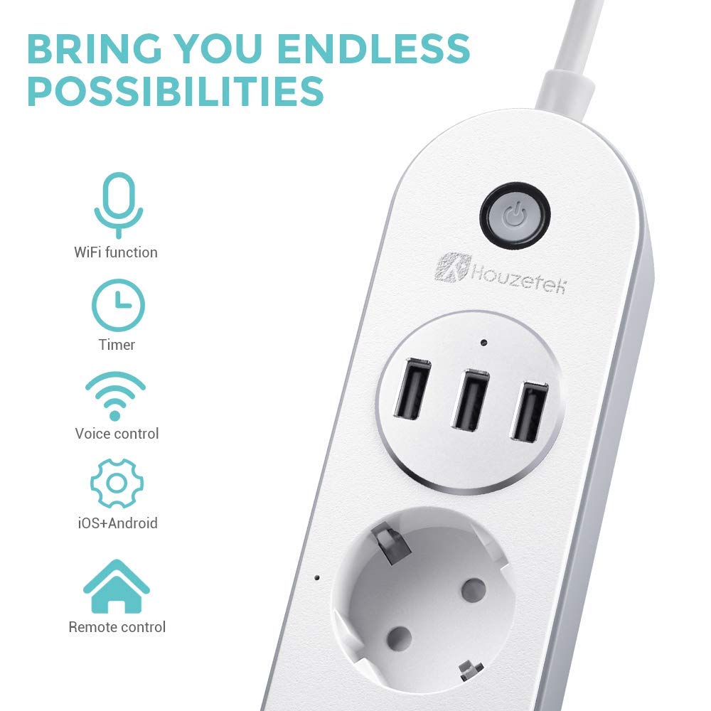 Ciabatta Multipresa, Houzetek Presa Intelligente Smart Wifi Plug Supporta App Alexa / Google Home/ IFTTT, Ciabatta Elettrica Con Interruttore Con 4 Prese Polivalenti e 3 Prese Usb,Wifi 2.4G.