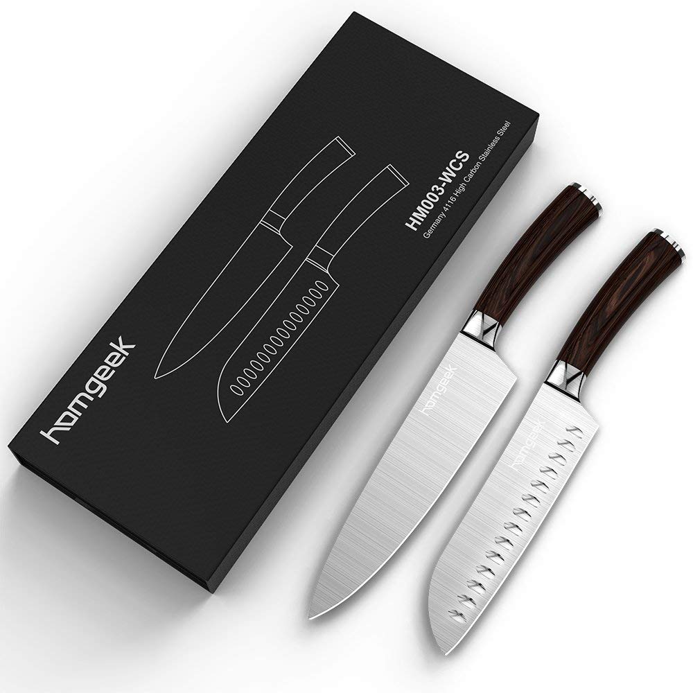 Homgeek Coltello Santoku e Coltello da Cuoco, Coltello in Acciaio Tedesco, Impugnatura Ergonomica in Vero Legno, Spelucchino, Coltello Multiuso, Antibatterico, Resistente e Antiruggine