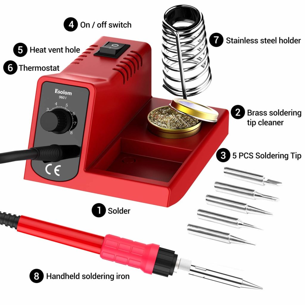 Stazione Saldante, 60W Stazione Saldante Professionale con Temperatura Regalabile Antistatica, 5 Punte Sostituibili e Cavo di Stagno, Ideale per Hobby di Saldatura Laboratori Scolastici