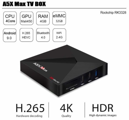 [2019 Versione] A5x Max + Android 9.0 TV Box 4GB+32GB 4K Ultra HD Smart TV Box RK3328 Quad-Core 64bit CPU Set Top Box Supporto 2.4G WiFi 100M LAN Ethernet 3D H.265 HDR con Telecomando