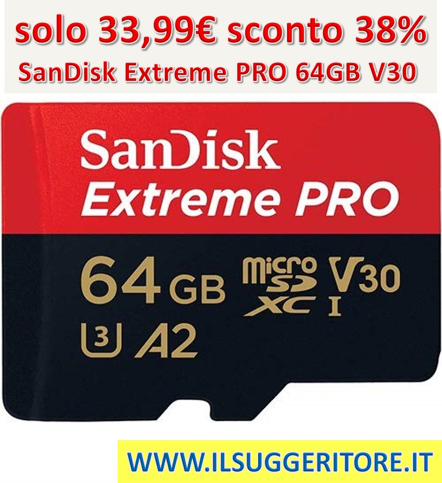 SanDisk Extreme PRO 64GB, MicroSDXC Classe 10, U3, V30, A1, Velocità di Lettura fino a 100MB/s 