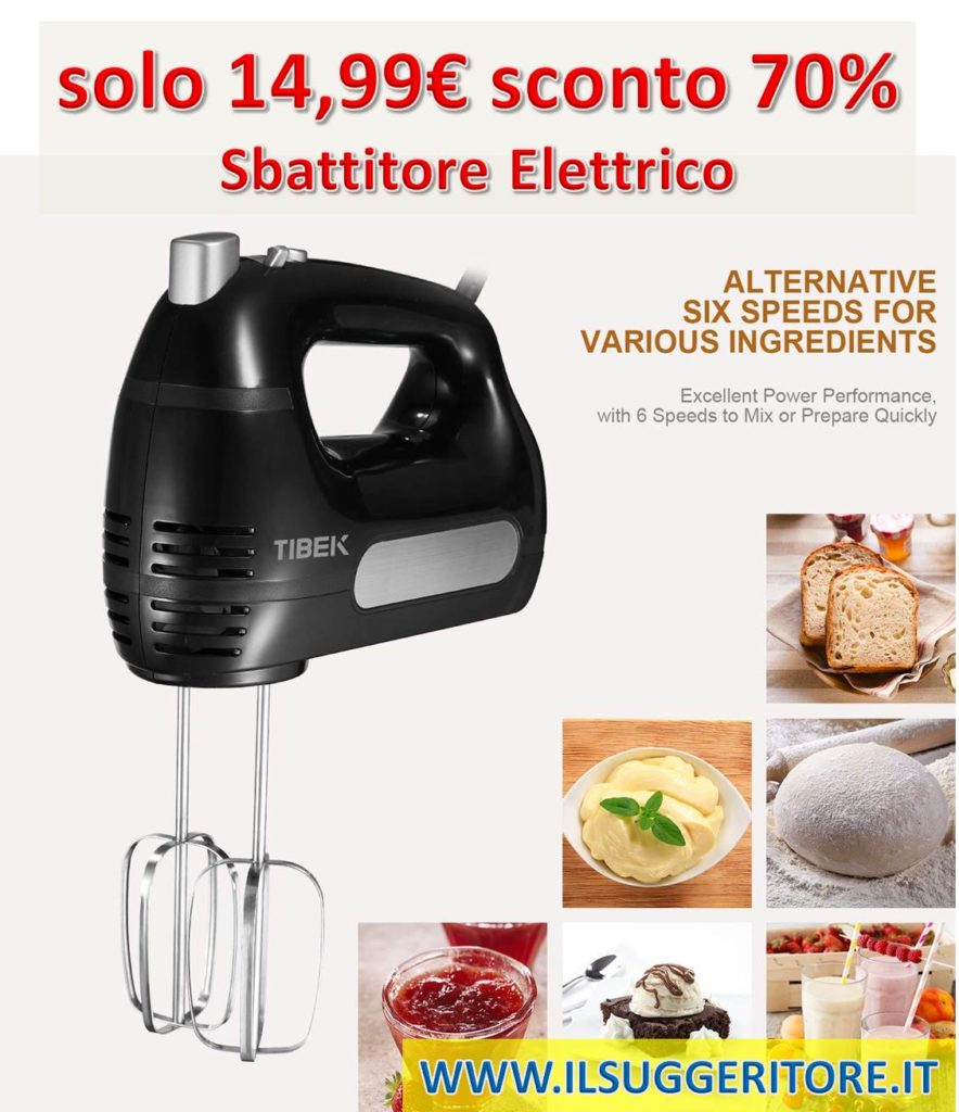 Sbattitore Elettrico Leggero Mixer con 6 Velocità, Tibek 300W Frusta Elettrica Include Robuste Bacchette e Impasto, Nero