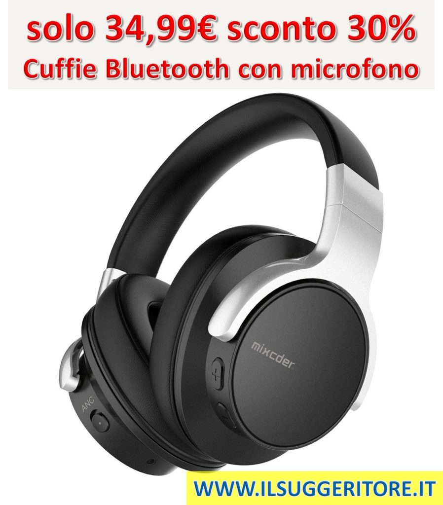 Cuffie Mixcder E7 attiva, soppressione del rumore, Bluetooth, cuffie con microfono, Hi-Fi stereo Headset Deep Bass, wireless cuffie over Ear, comodi cuscinetti auricolari per PC/cellulari/TV – nero 