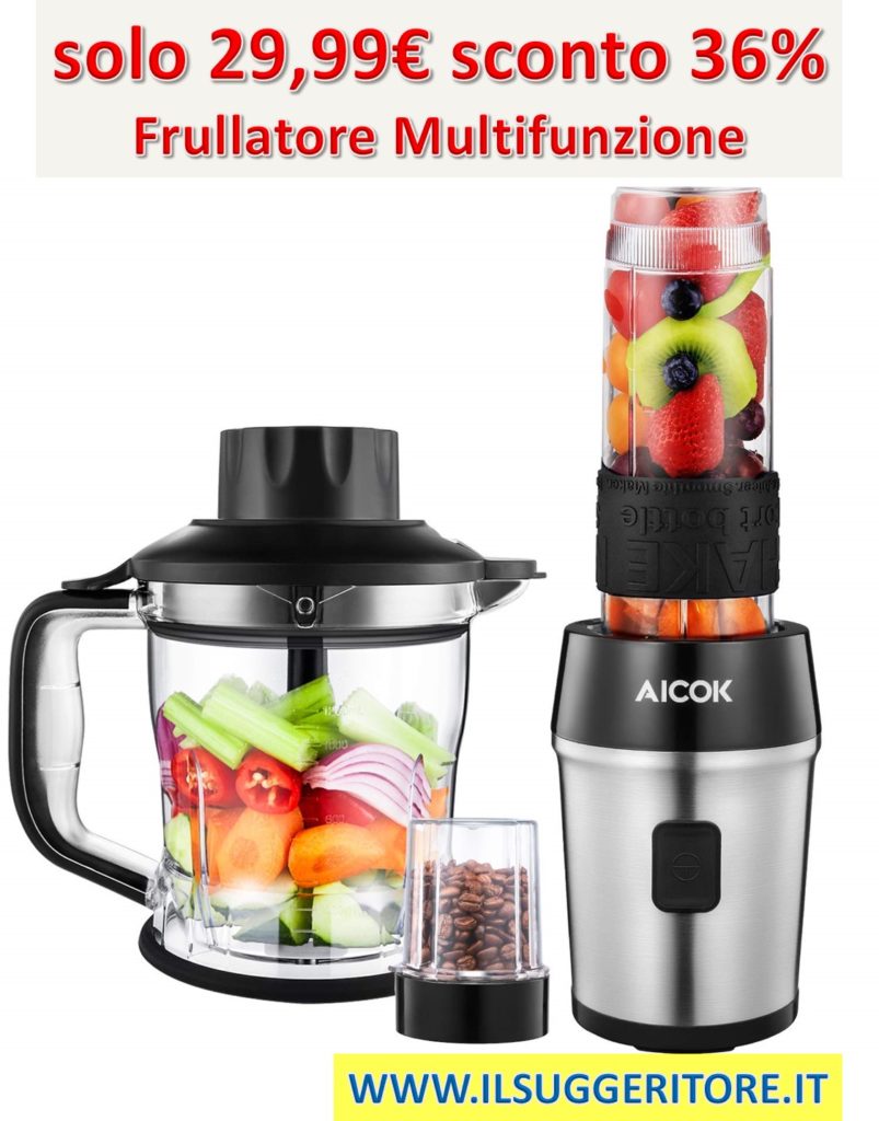 Aicok Frullatore, Mini Frullatore 700W, Frullatore per Frullati e Smoothie, 3in1 Frullatore Tritatutto Multifunzione Tritaghiaccio Macinino, 3Bottiglie Senza BPA, Frullatore Portatile in Acciaio Inox   