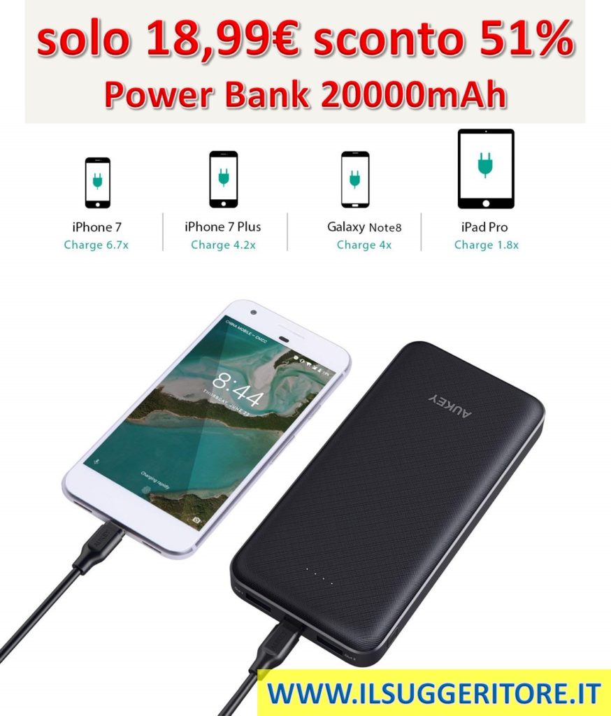 AUKEY, USB C Power Bank 20000mAh, Caricatore Portatile con 2 Porte per Google Pixel Nexus, iPhone X/ 8/ 7/ 7Plus/ 6s, Samsung S8/ S8+, iPad, Tablet ecc.