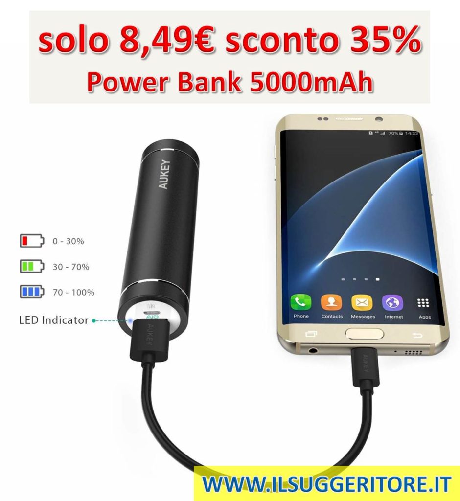 AUKEY Mini Power Bank 5000mAh, Batteria Portatile con Uscita 2A per iPhone 8/ Plus/ 7/ 6s, Samsung S8+/ S8, iPad ecc. (Nero) 