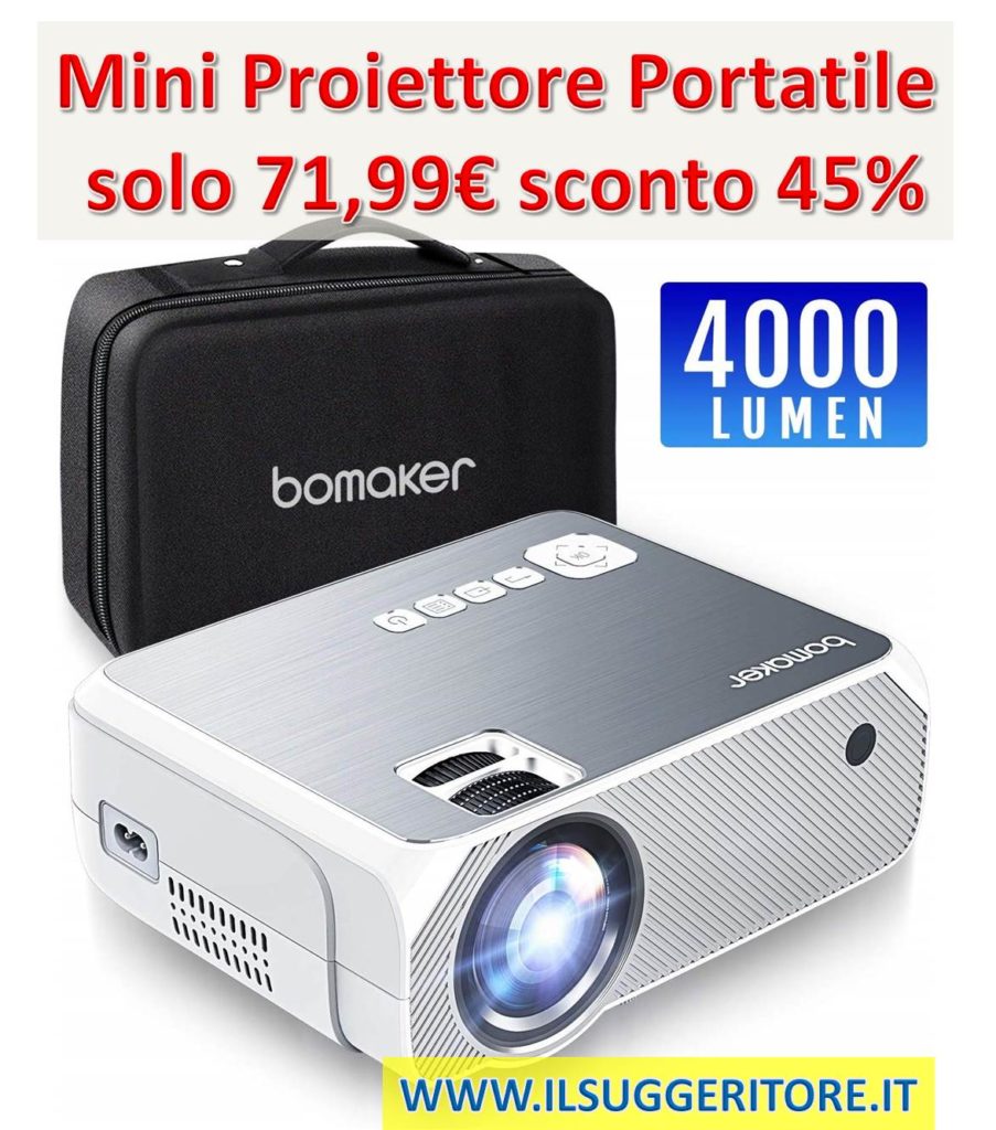 Proiettore, Mini Proiettore Portatile 4000 Lumen, BOMAKER LCD Videoproiettore Risoluzione Nativa 720p HD(Supporta 1080p) con Borsa Per Casa, Viaggio, Estero, Compatibile Cellulare/PS4/TV Box/ Micro SD 